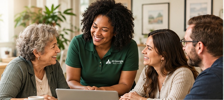 An A1 Georgia Healthcare team member smiling with a family around a kitchen table