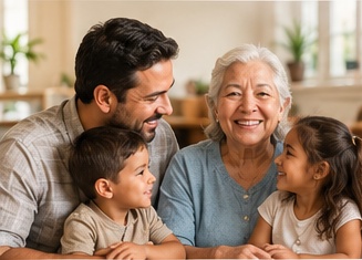 A multigenerational family smiling together at home