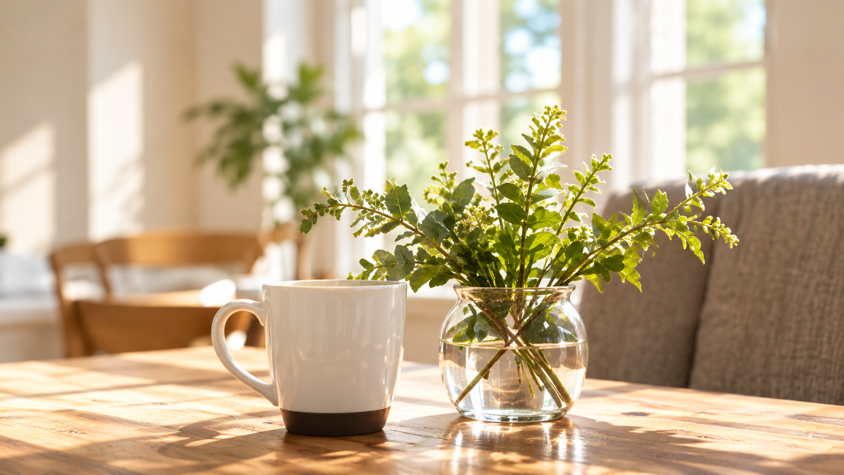 A mug and a vase of fresh greenery on a sunlit table at home