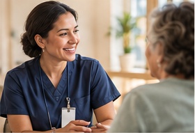 A nurse talking with an older patient